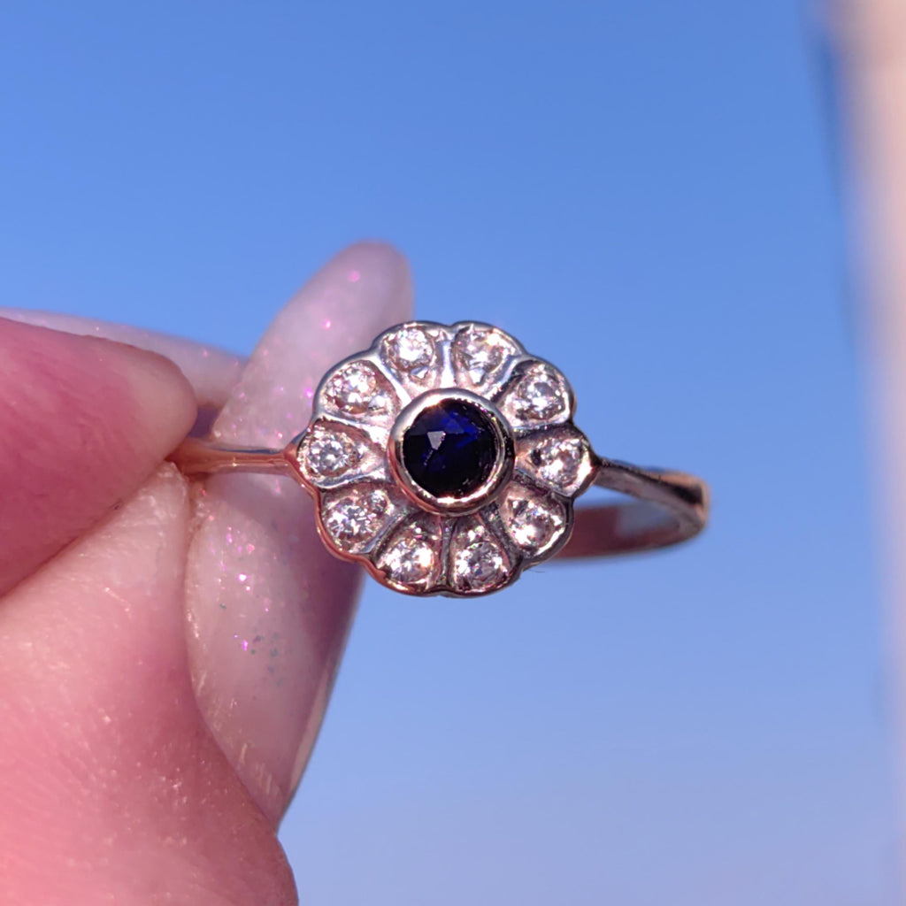 Mid-Century Sapphire Diamond Ring: 14k Gold Floral Engagement Ring, Size 8