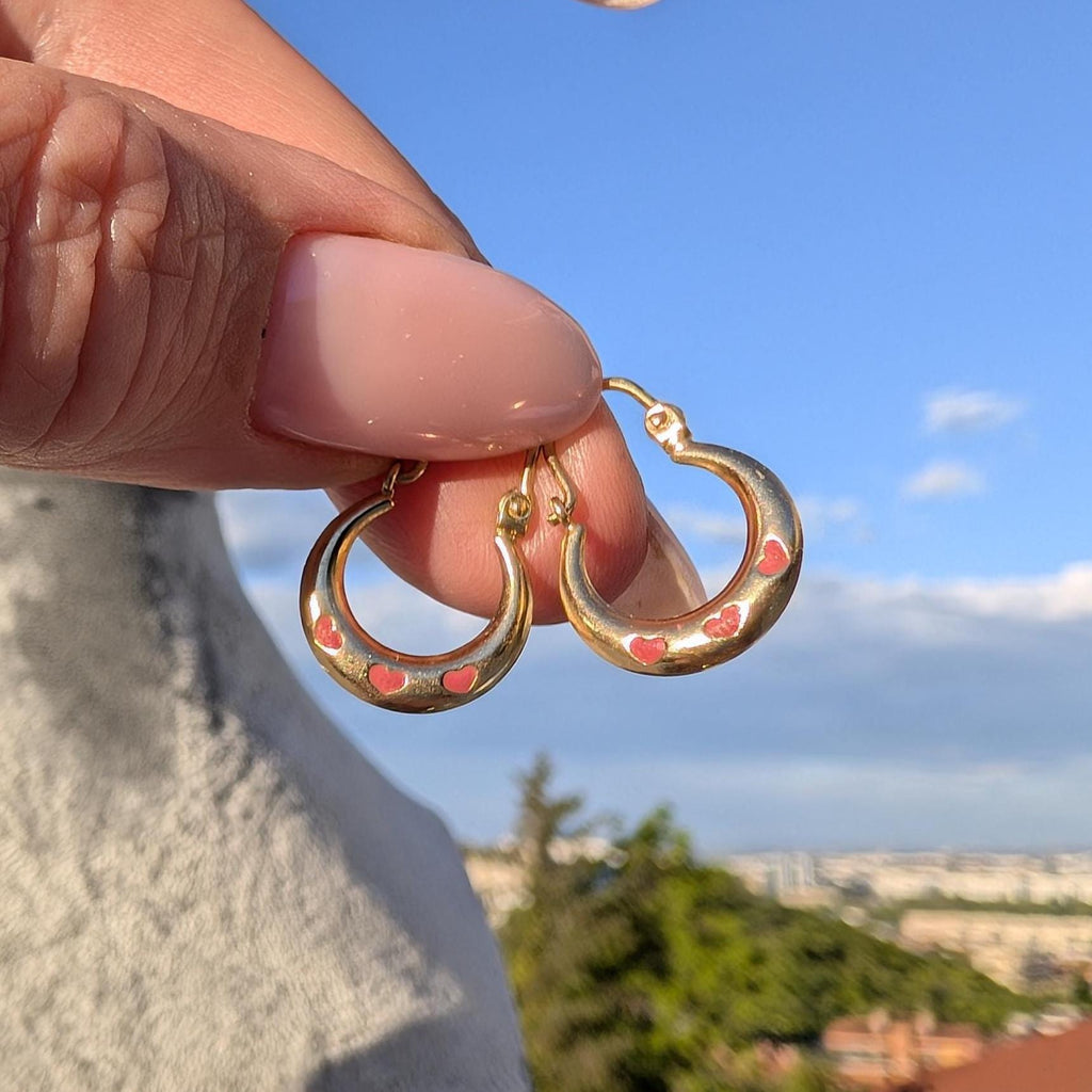 Vintage 1980s 14k Yellow Gold Puffed Hoop Earrings, Pink Enamel Heart Creole Gypsy Dangles, Gift for Her