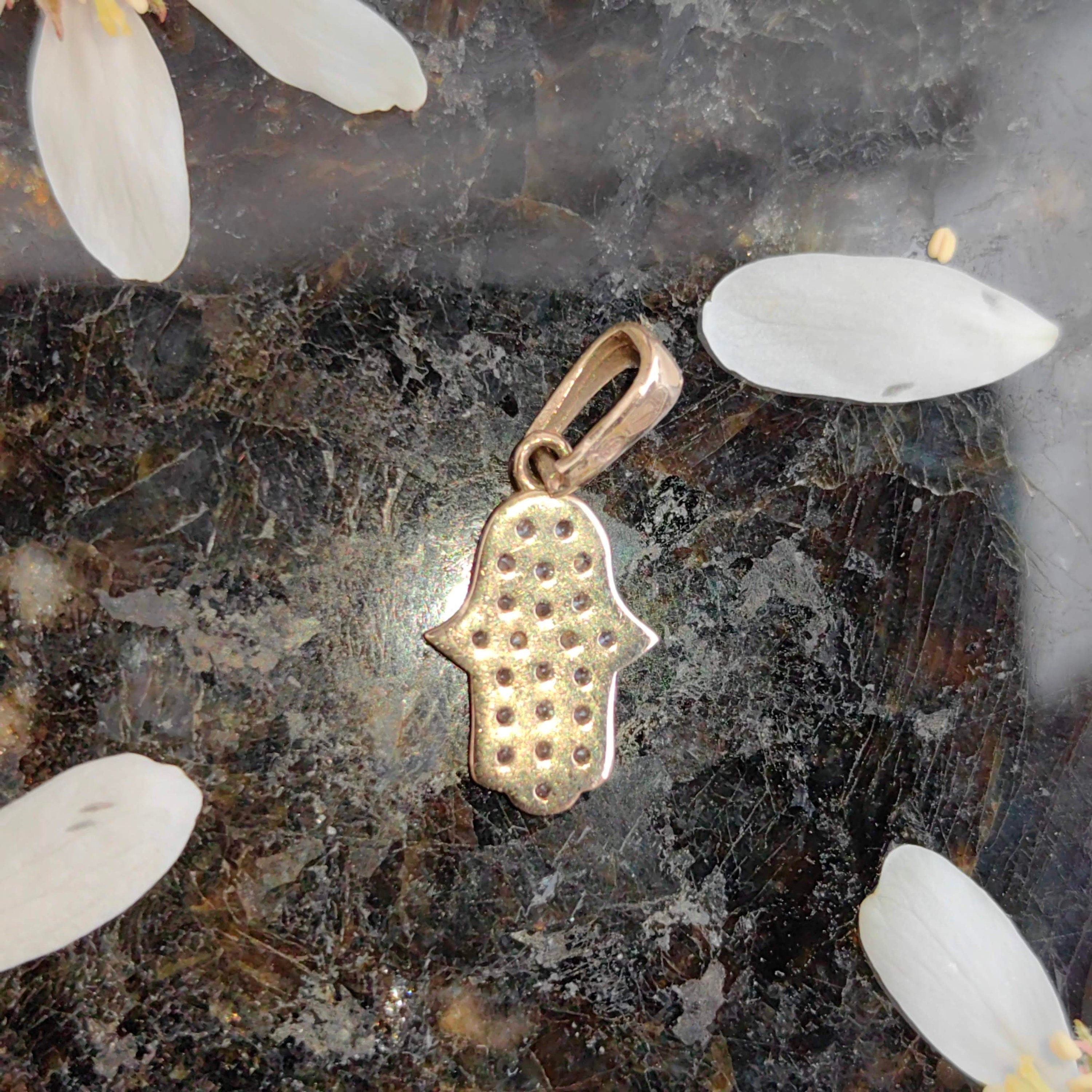Vintage Cubic Zirconia Solid 9k Hallmarked Yellow Gold Hand of Hamsa Hand of Fatima  Middle Eastern Protection Luck Pendant Bracelet Charm