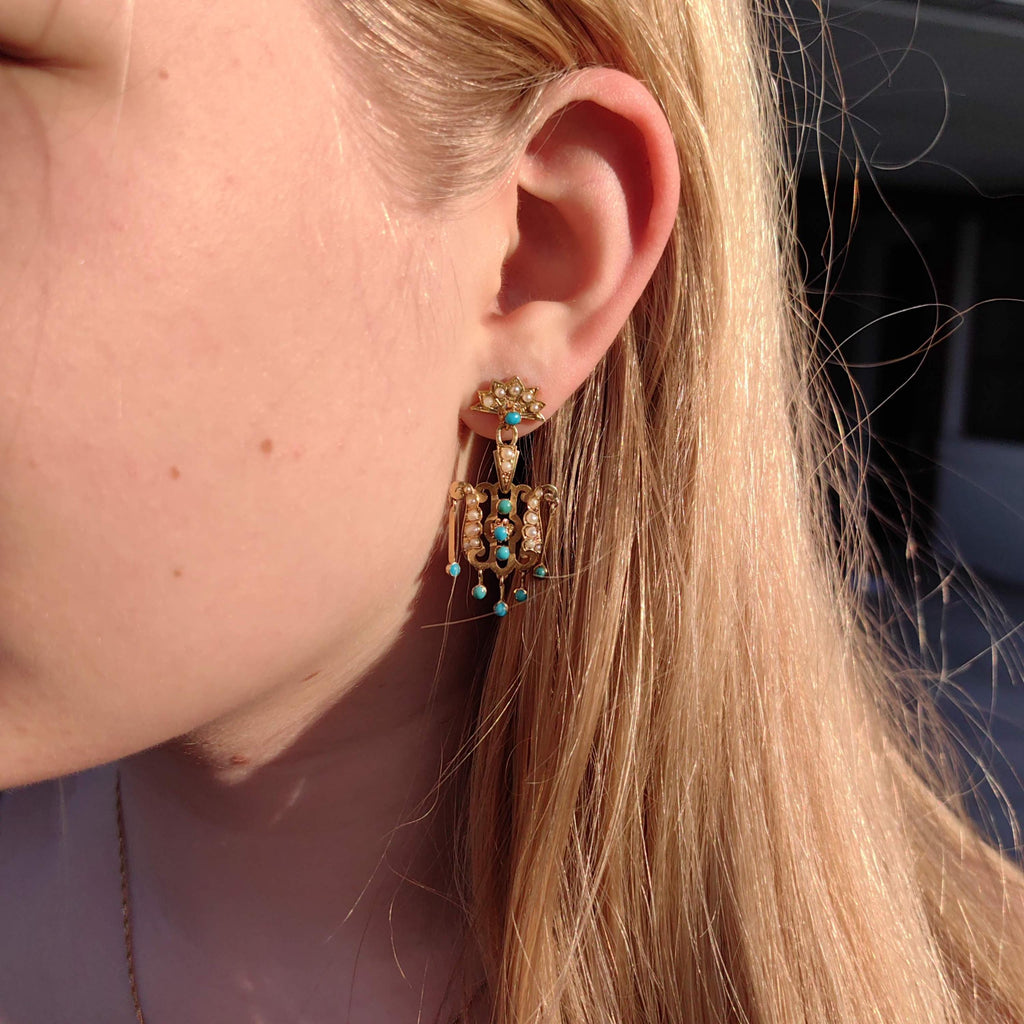 Turquoise Pearl 18K Gold Dangle Earrings: Antique Victorian Revival