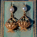 Antique 14k Gold Pearl Chandelier Earrings: 1800s Baroque Floral Dangle