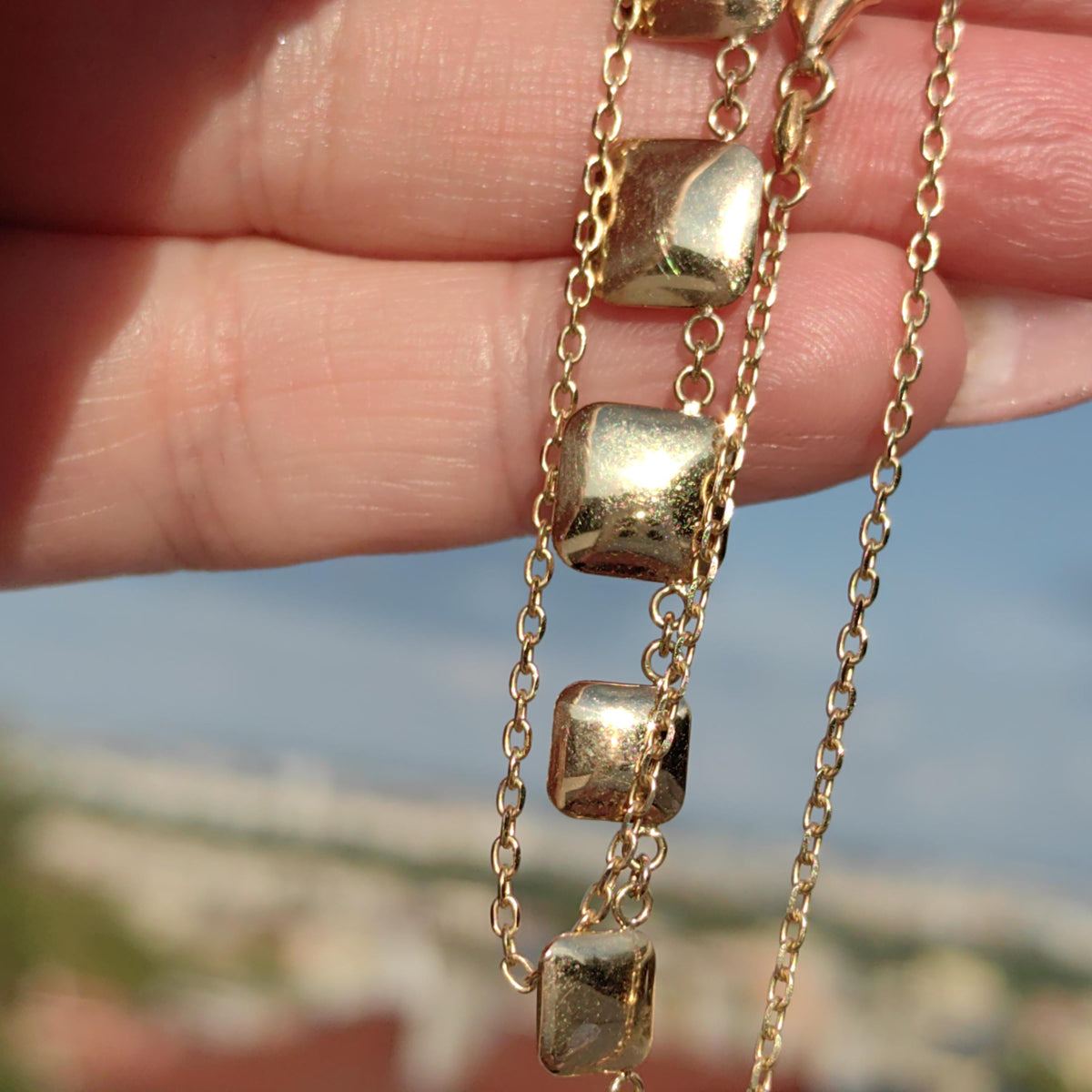 14k Solid Gold Square Link Chain Necklace: Handmade Vintage Unisex Design