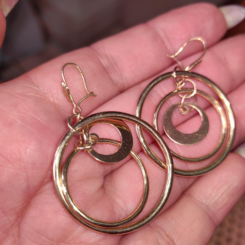 14k Yellow Gold Italy Round Dangle Drop Large Circle Hoop Gipsy Earrings Handmade Gift for Her Present
