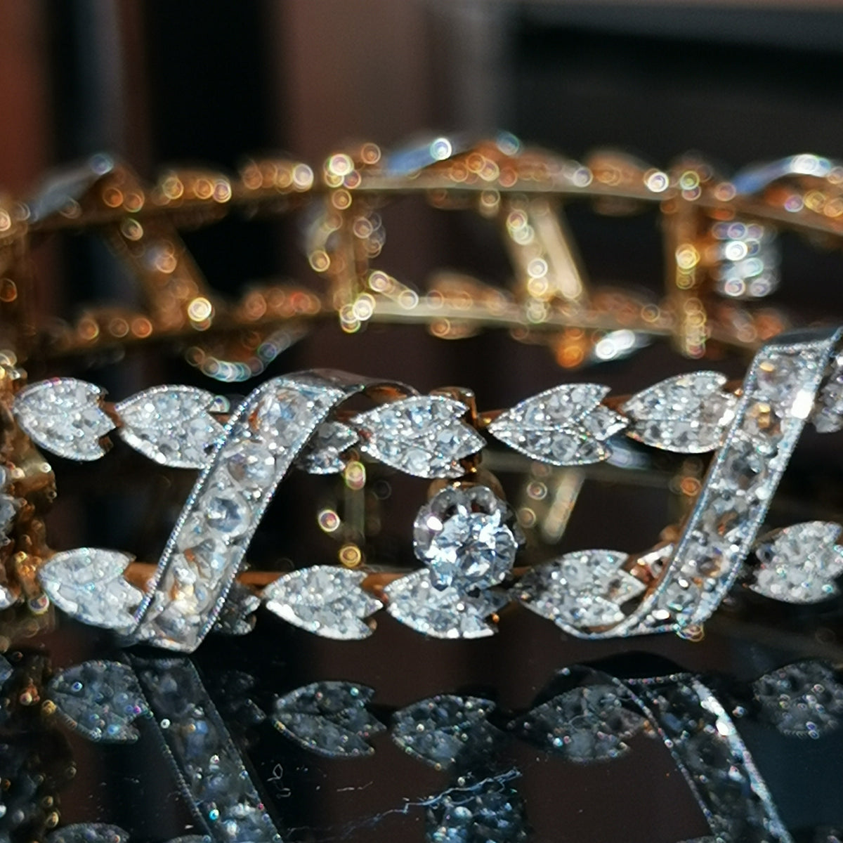 Original Art Deco Diamond Bracelet: 19K Gold Bangle, 3.5ct Old European Cut