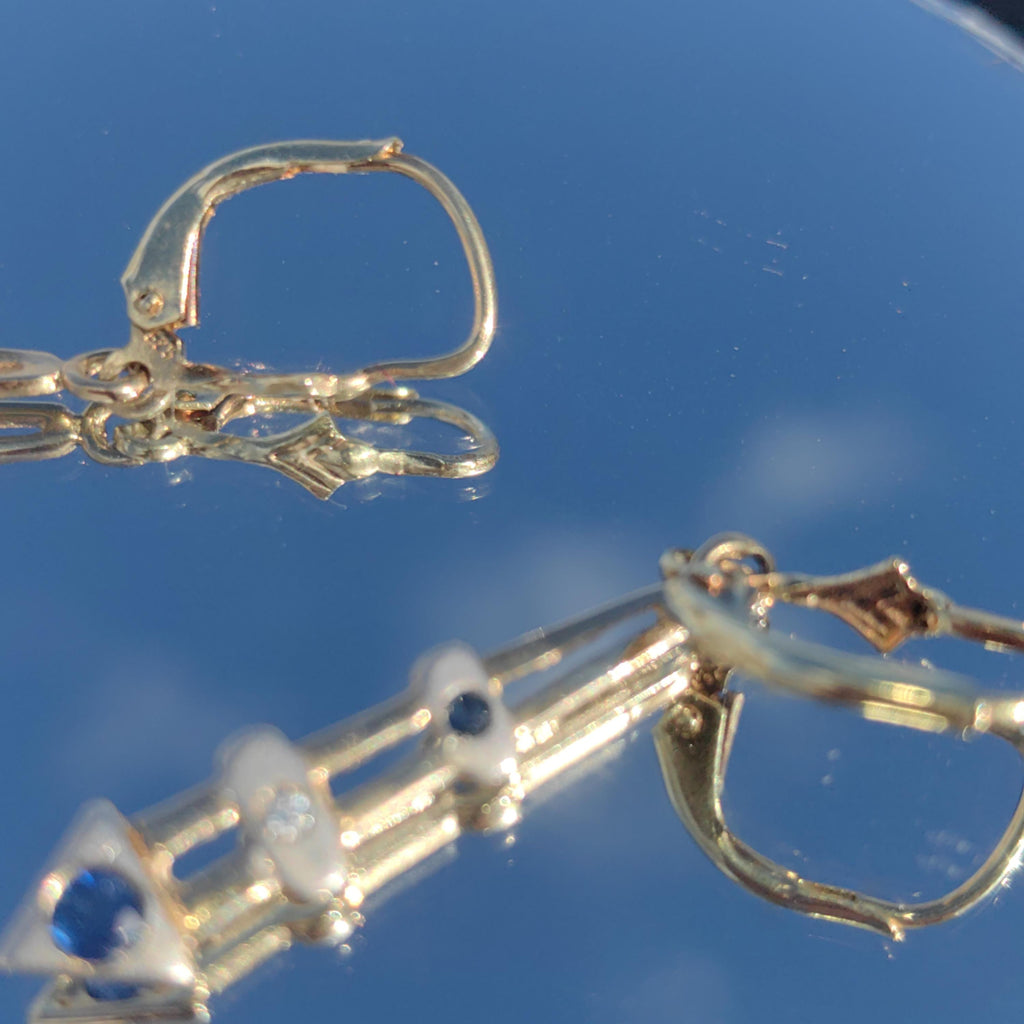 Antique Vintage Sapphire and Diamond 14k Solid Yellow Gold Mid Century Elegant Long Dangle Drop Lever Back Closure Earrings