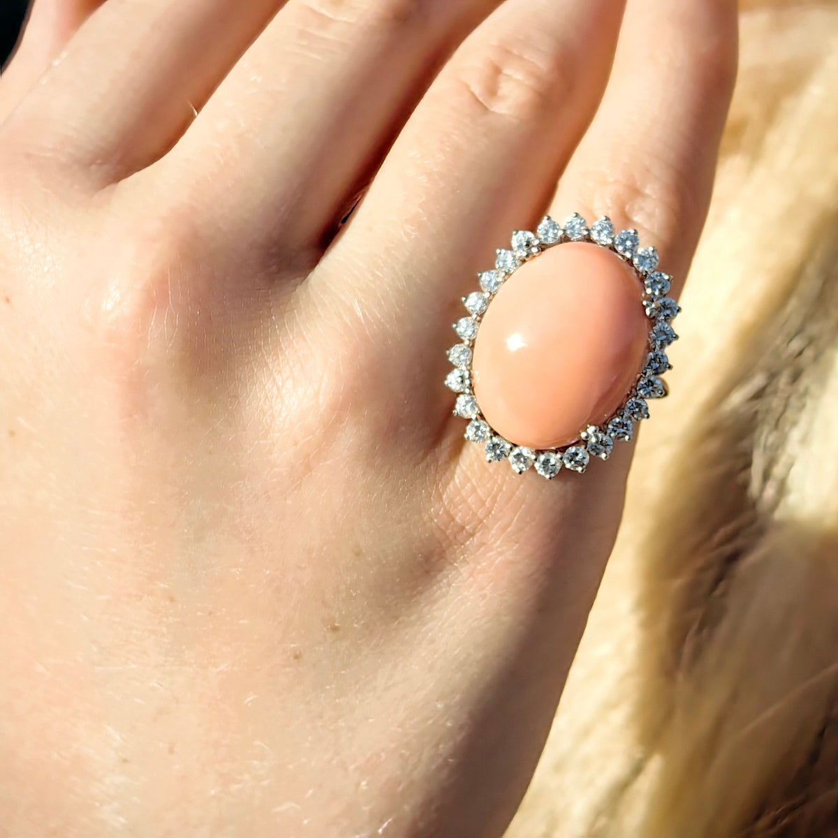1960s Mid-Century Angel Skin Coral Diamond Ring, 21mm Coral, 1.30ct Diamonds, 18k White Gold, US 5