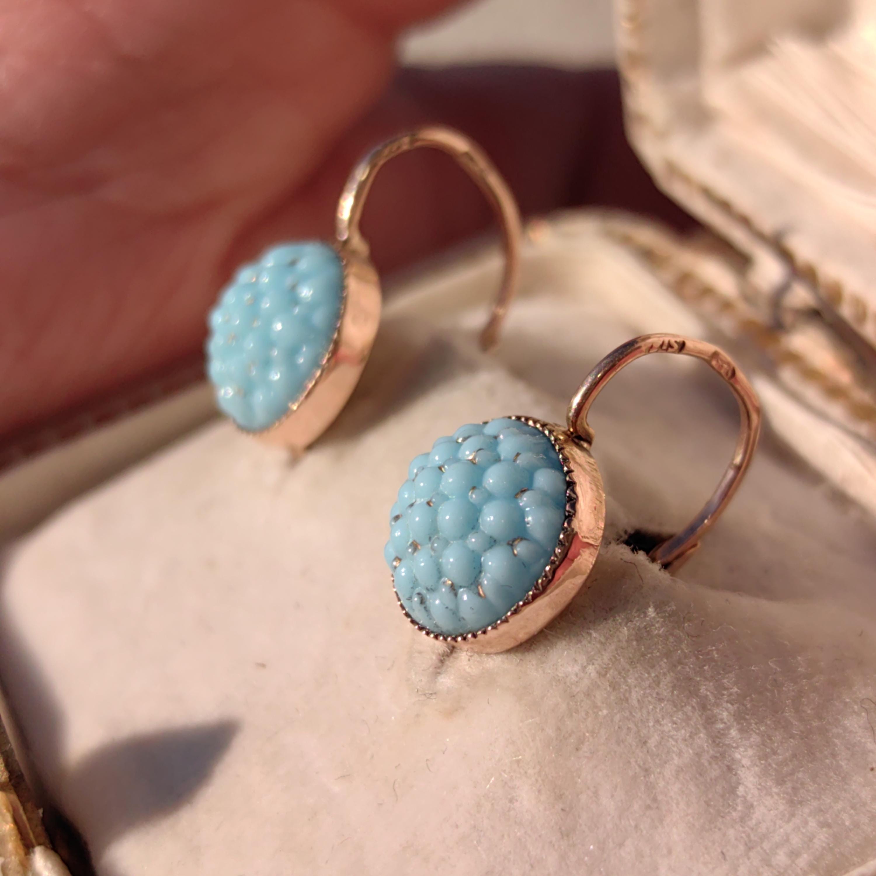 Antique 14k Yellow Rose Champagne Gold Turquoise Porcelain Dormouse Earrings Art Nouveau Floral Design Dangle Earrings
