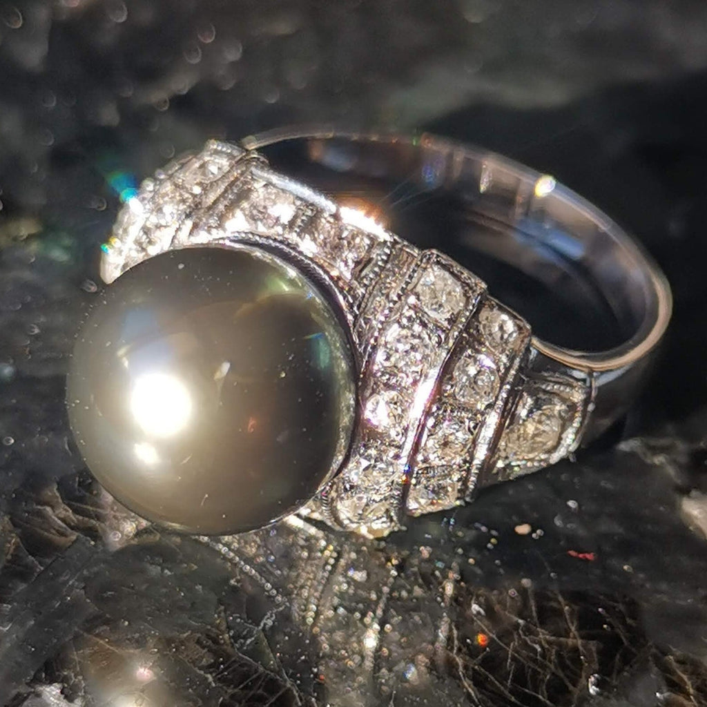 Art Deco Tahitian Pearl Diamond Ring - 1920s White Gold