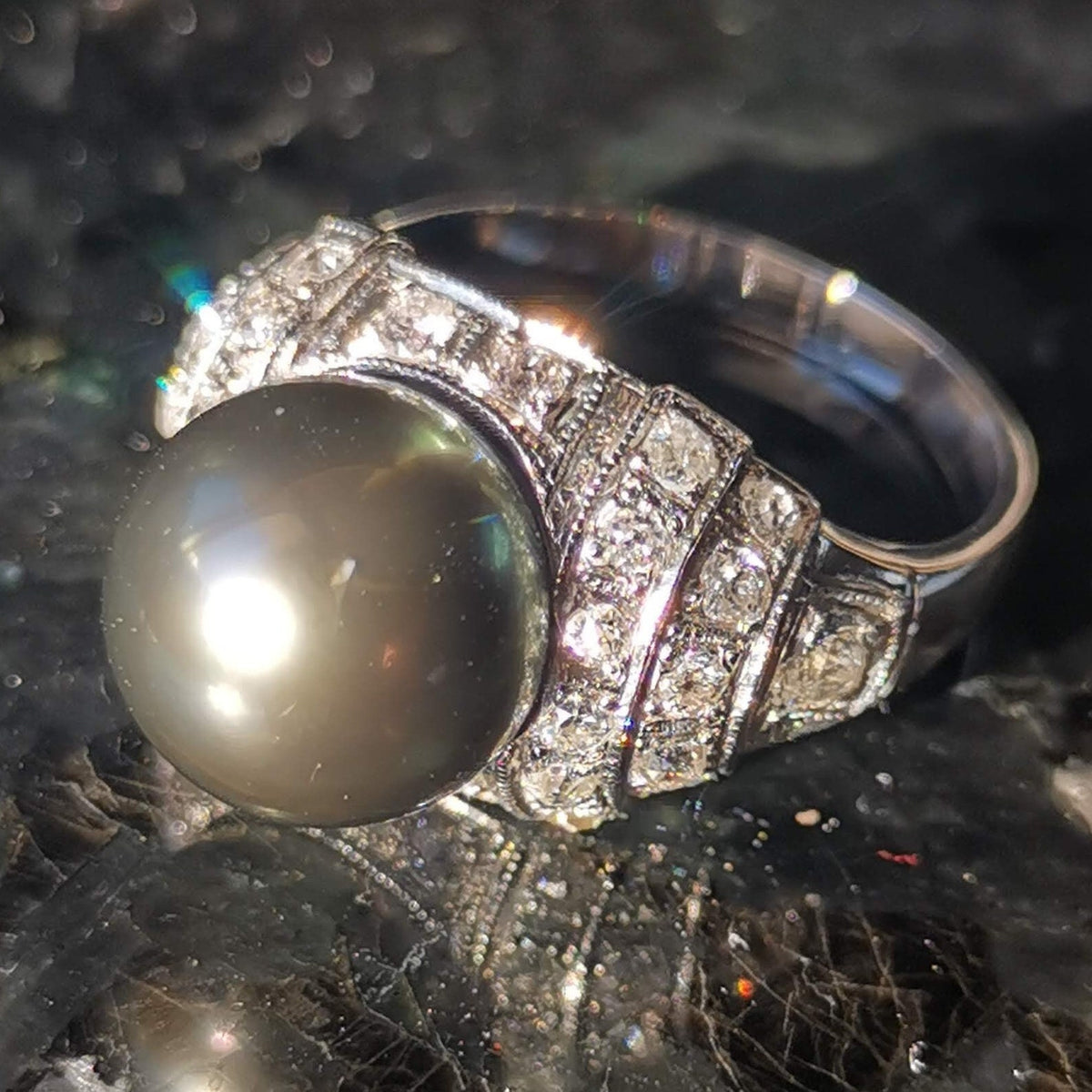 Art Deco Tahitian Pearl Diamond Ring - 1920s White Gold