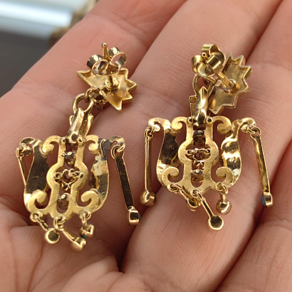 Turquoise Pearl 18K Gold Dangle Earrings: Antique Victorian Revival