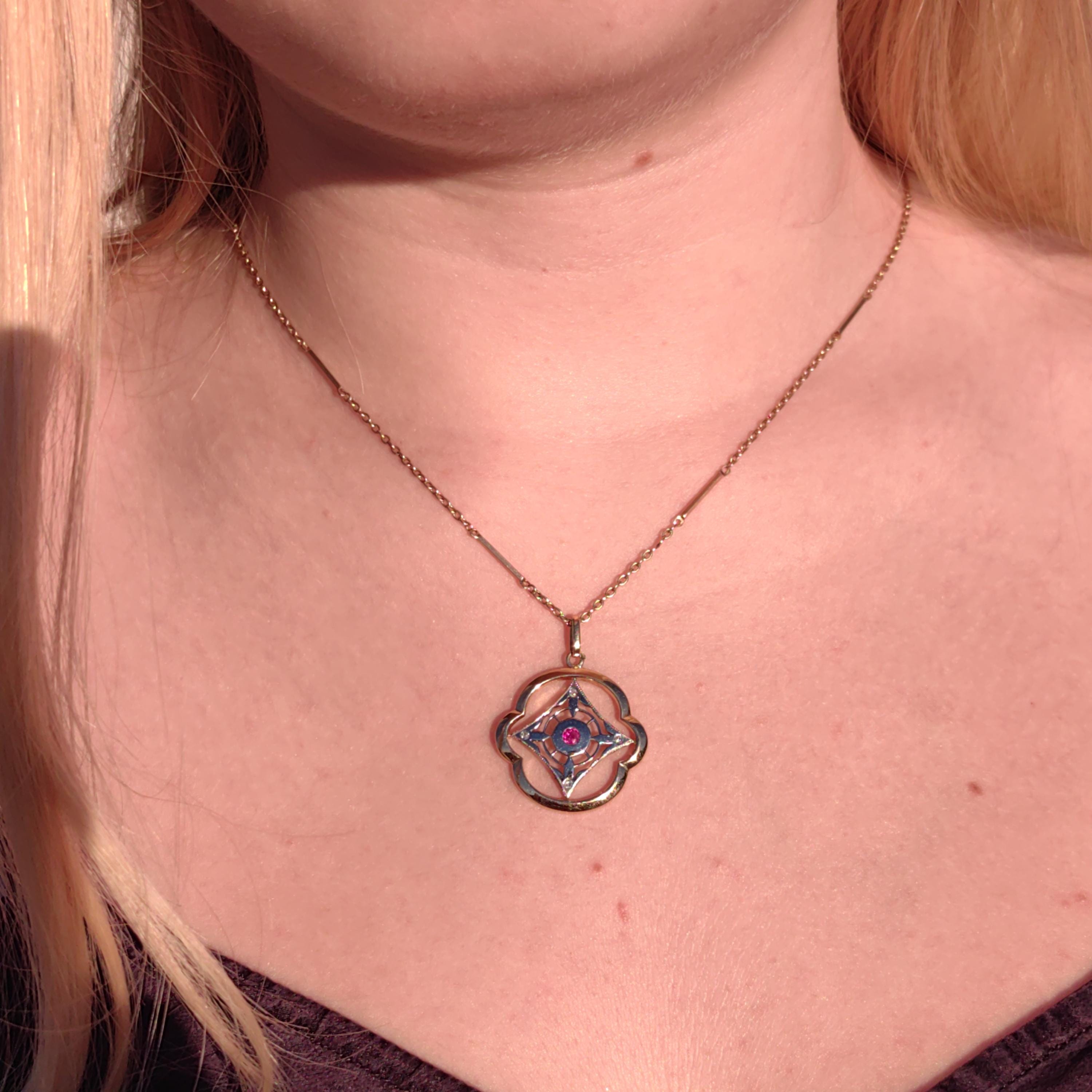 Art Nouveau Diamond Ruby Pendant 18k Solid Yellow and White Gold Geometric Openwork Pendant  1900s Vintage Gift for Her