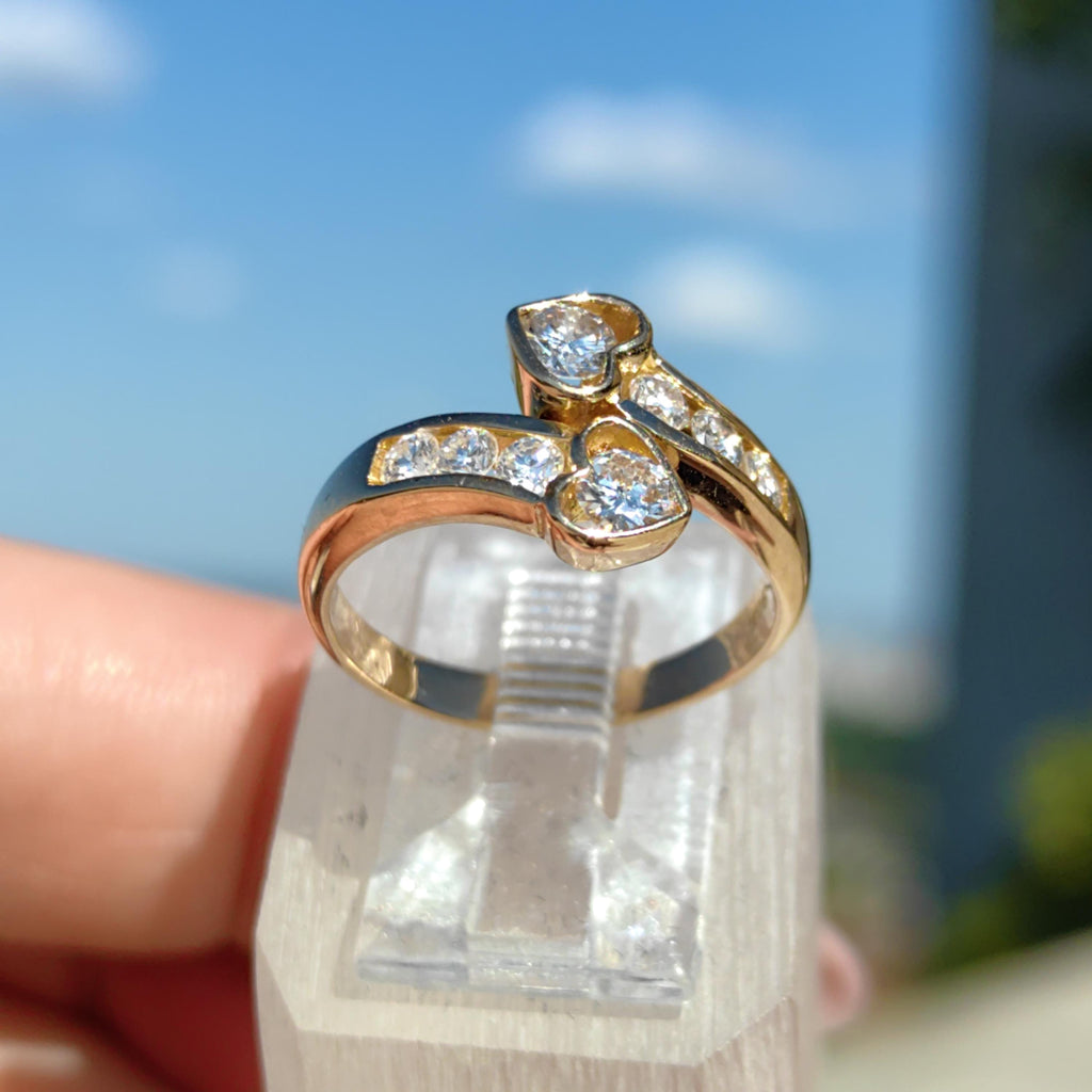 Vintage 0.64ct Diamond Ring: 21.6k Yellow Gold Two Heart Promise Ring, Size 6