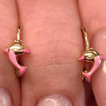 14k Solid Yellow Gold Enamel Pink Dolphin Cute Sleepers Lever Back Earrings, Vintage Ocean Sea Nautical Adorable Jewellery