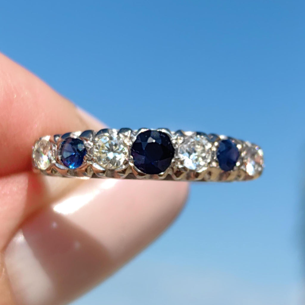 Vintage Sapphire Diamond Band: 18k White Gold Engagement Ring, 1940s