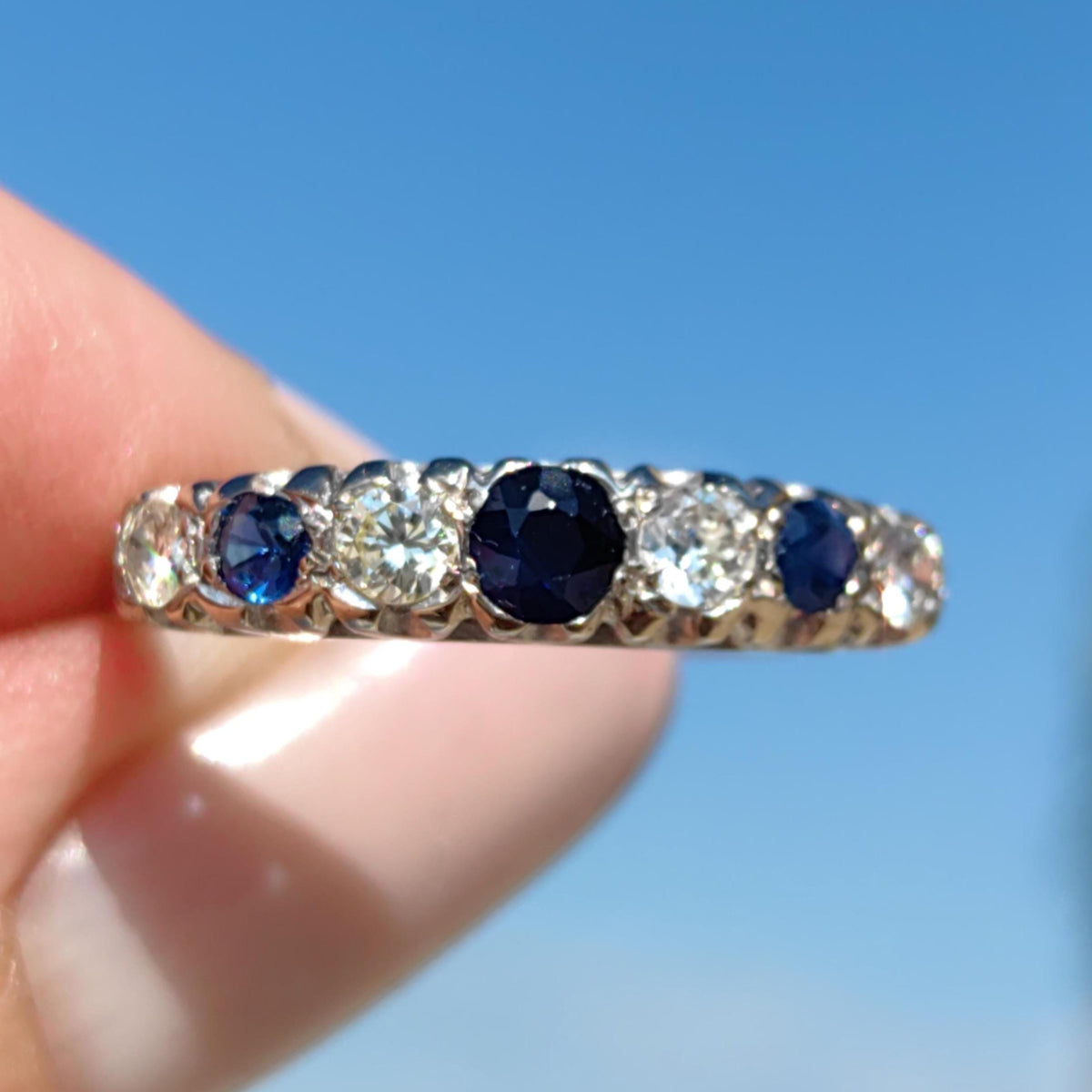 Vintage Sapphire Diamond Band: 18k White Gold Engagement Ring, 1940s
