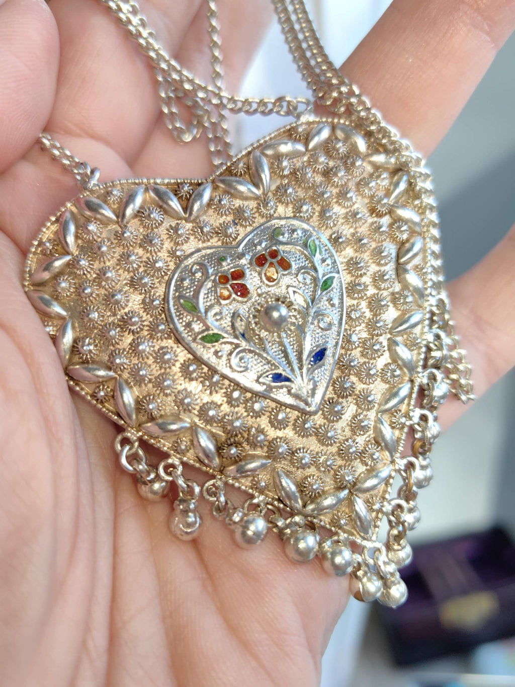 Art Deco Silver Heart Pendant Necklace: Filigree Enamel, Long Chain