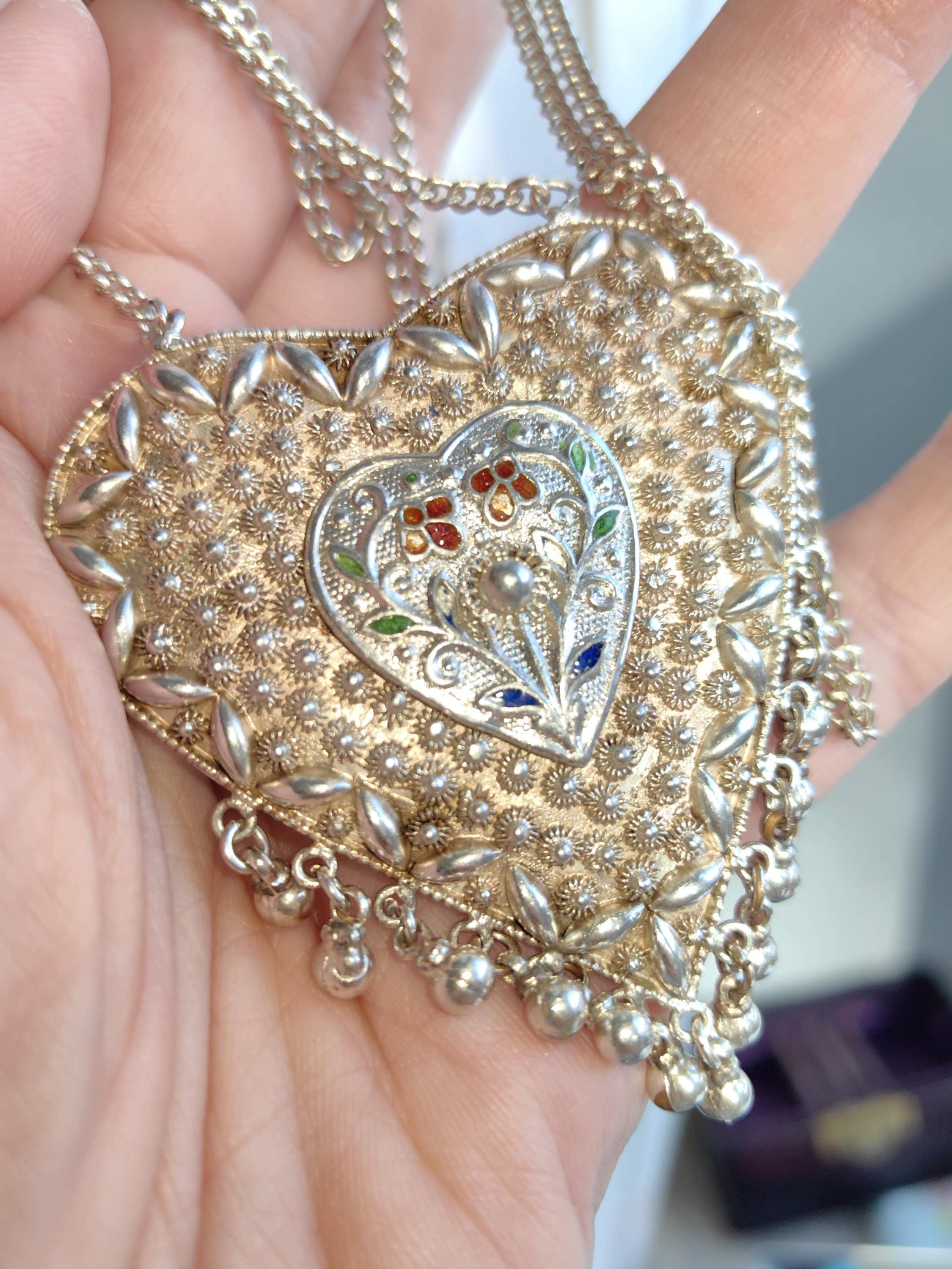 Art Deco Silver Heart Pendant Necklace: Filigree Enamel, Long Chain