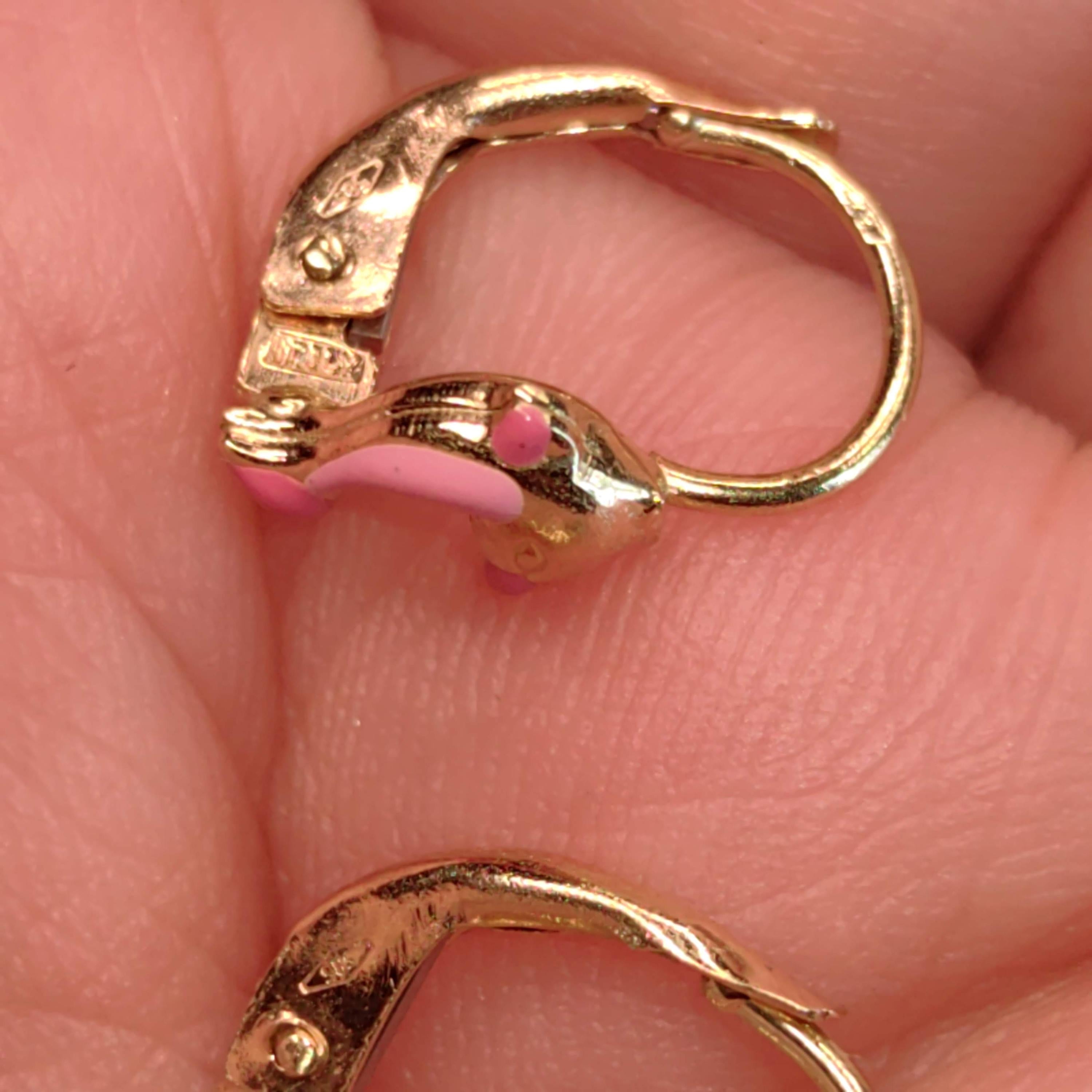 14k Solid Yellow Gold Enamel Pink Dolphin Cute Sleepers Lever Back Earrings, Vintage Ocean Sea Nautical Adorable Jewellery