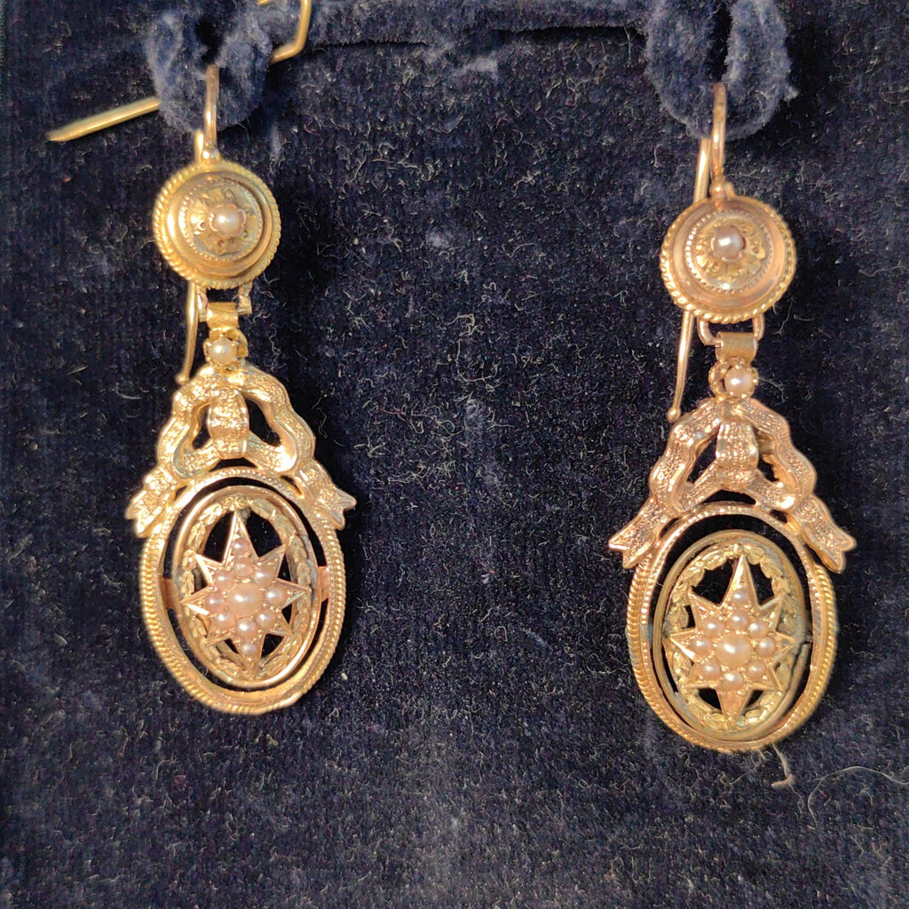 18k Yellow Gold Pearl Dangle Earrings: Antique Bow Star Design