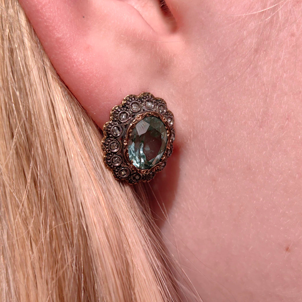 Vintage 1940s Aquamarine Diamond Earrings: 19.2k Gold & Silver Studs