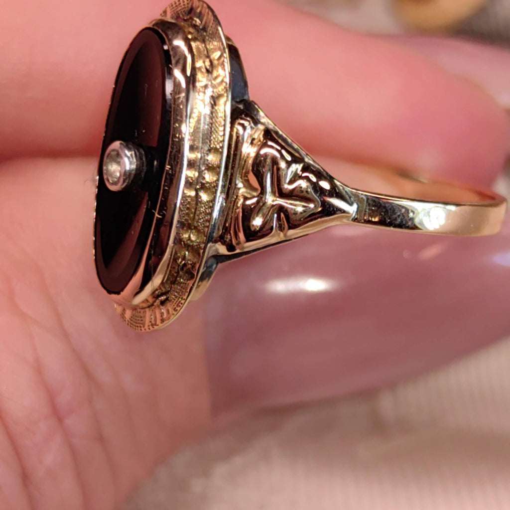 Art Deco 1920s Onyx Diamond Ring 14k Solid Yellow Gold Old European Cut Antique Black Onyx Statement Vintage Ring Gift for Her Estate Jewels