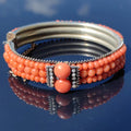 Victorian 800 Silver Coral Bangle Bracelet: Pearl Accent Statement Jewelry