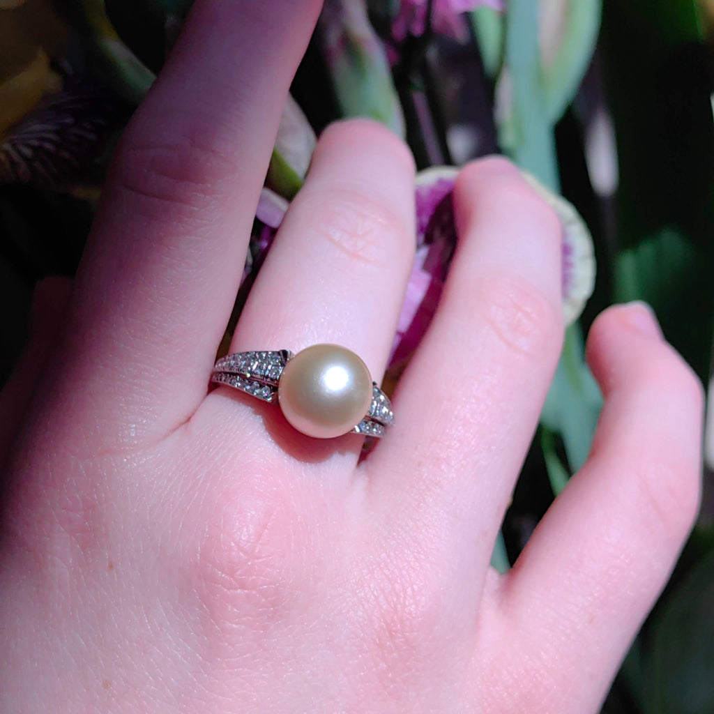 Vintage 1940s Platinum Ring: Natural Pearl & Diamond Accent