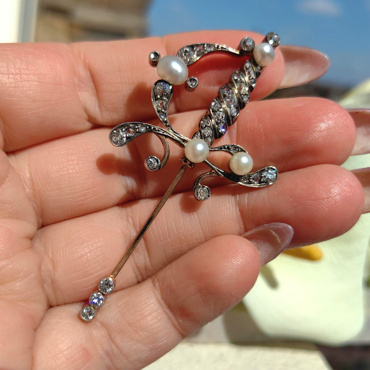 Antique Diamond Pearl Sword Brooch: 14k Gold Edwardian Pin