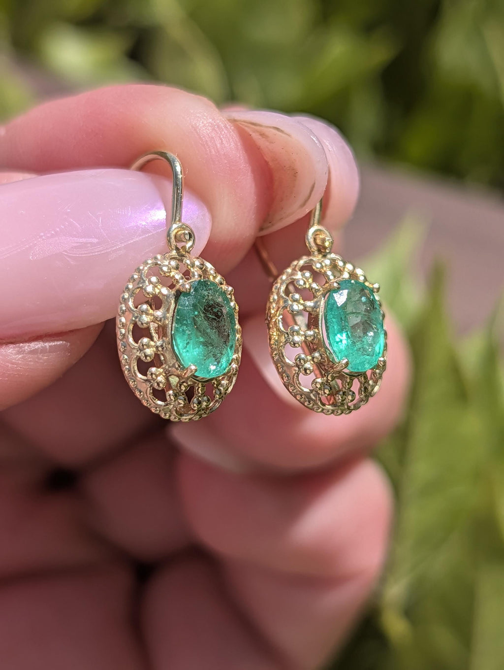 Late Art Deco 1940s Emerald Earrings, 14k Yellow Gold Natural Emerald Drop Earrings, Vintage Heirloom Fine Dangle Earrings Gift for Her