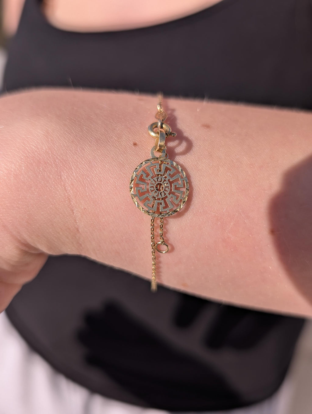 Vintage 14k Yellow Gold Link Bracelet, with  Ancient Greek Pattern Charm, 1980s Extension Ring 17-20 cm Gift Unisex Chic Fine Gold Jewelry