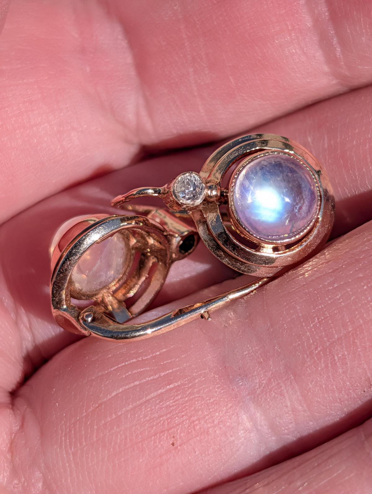 1920s Art Deco Moonstone Diamond Earrings, 14k Rose Gold, Hungarian Hallmarked Dangle