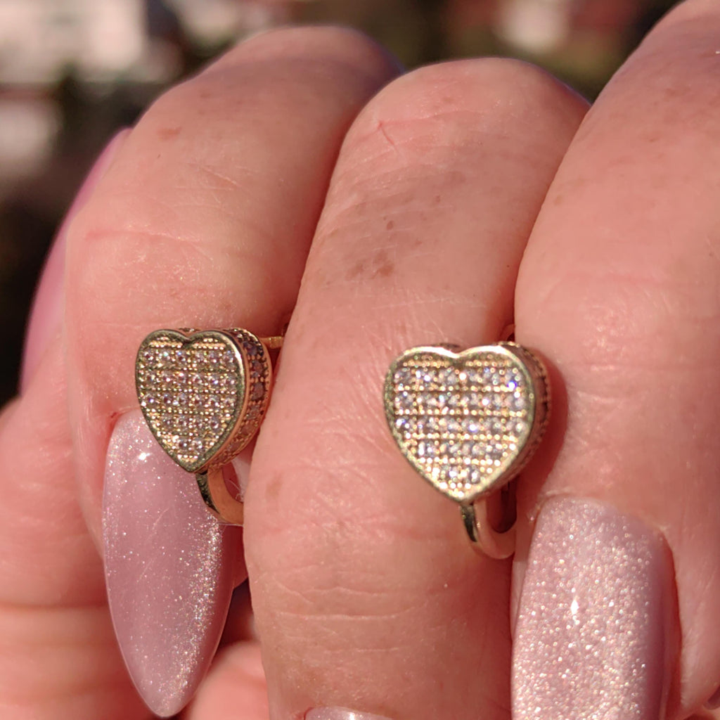 Heart 14k Solid Yellow Gold CZ Pavé Vintage Earrings Love Romantic Gift for her Elegant Dainty Earrings Leverback closure secure hinged back