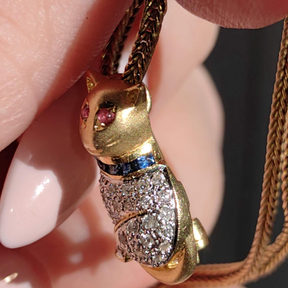 Mid-Century 18K Gold Flirty Sitting Cat Pendant with Bow Natural Diamonds Rubies Sapphires Vintage Figural Kitty Fine Jewelry Collectible