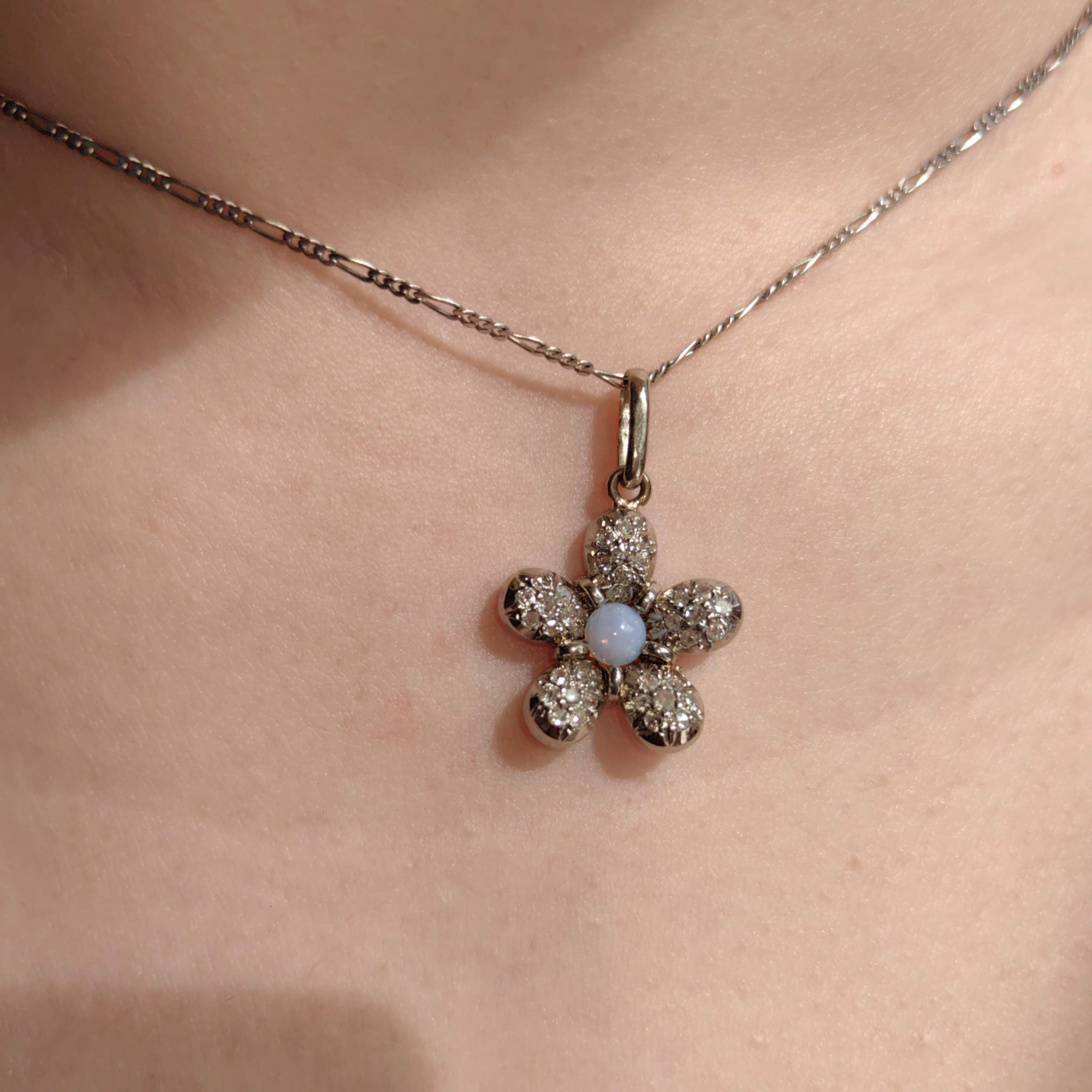 Art Deco Diamond Moonstone Flower Pendant: 18k White Gold Charm