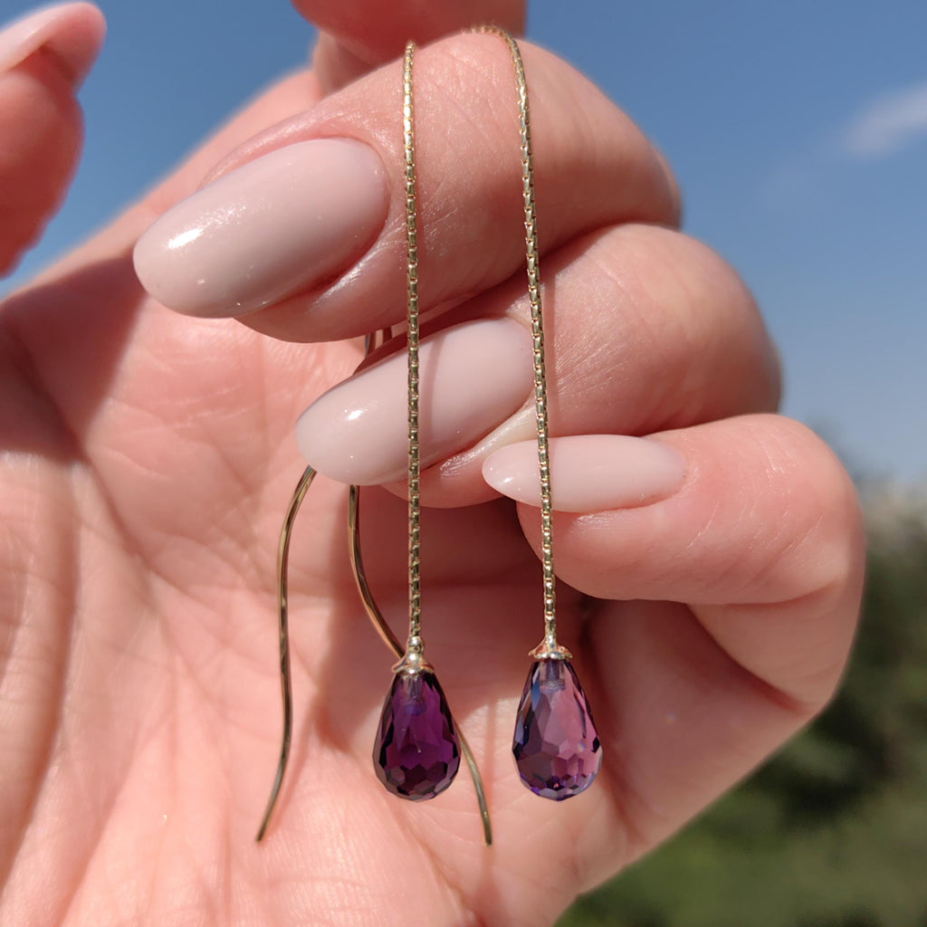 Natural Purple Amethyst Drop 14k Solid  Yellow Gold Dangle Elegant Long Statement Chain Earrings Gift for Her