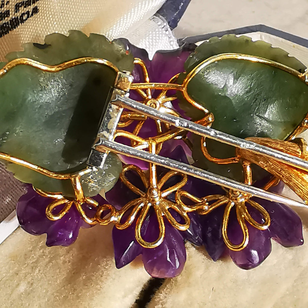 Art Nouveau 1900s Hand Carved Natural Purple Amethyst Jade Diamond 18k Solid Yellow Gold Brooch Antique Floral Violet Pin Gift for her