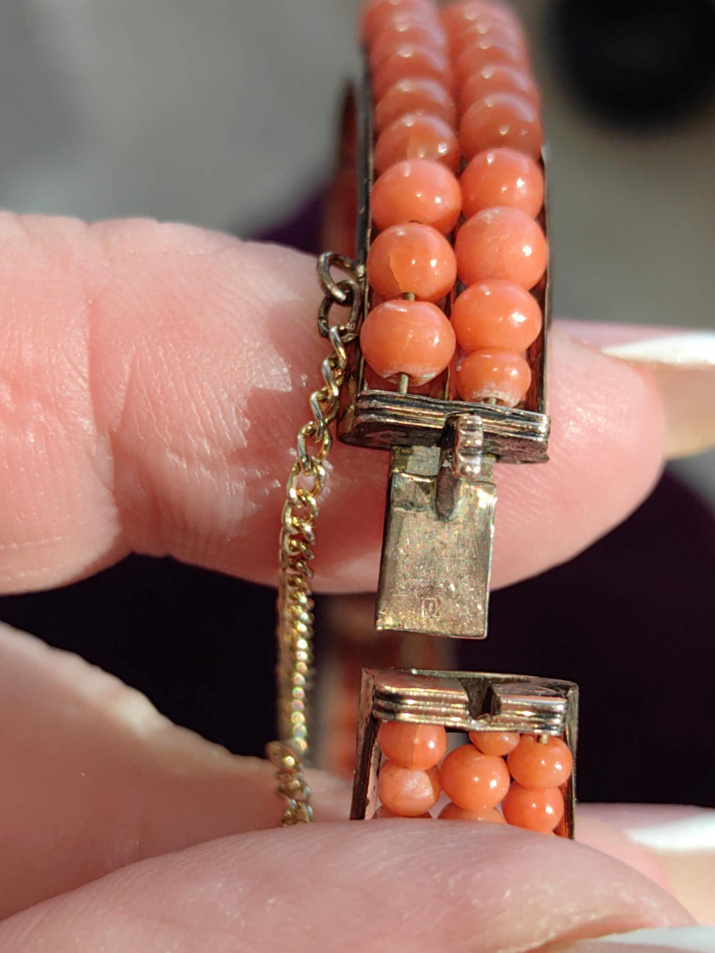Victorian Coral Bracelet Gold Plated Silver Hinged Bangle Antique Coral Bead Statement Jewelry US Duty Free HTS 9706