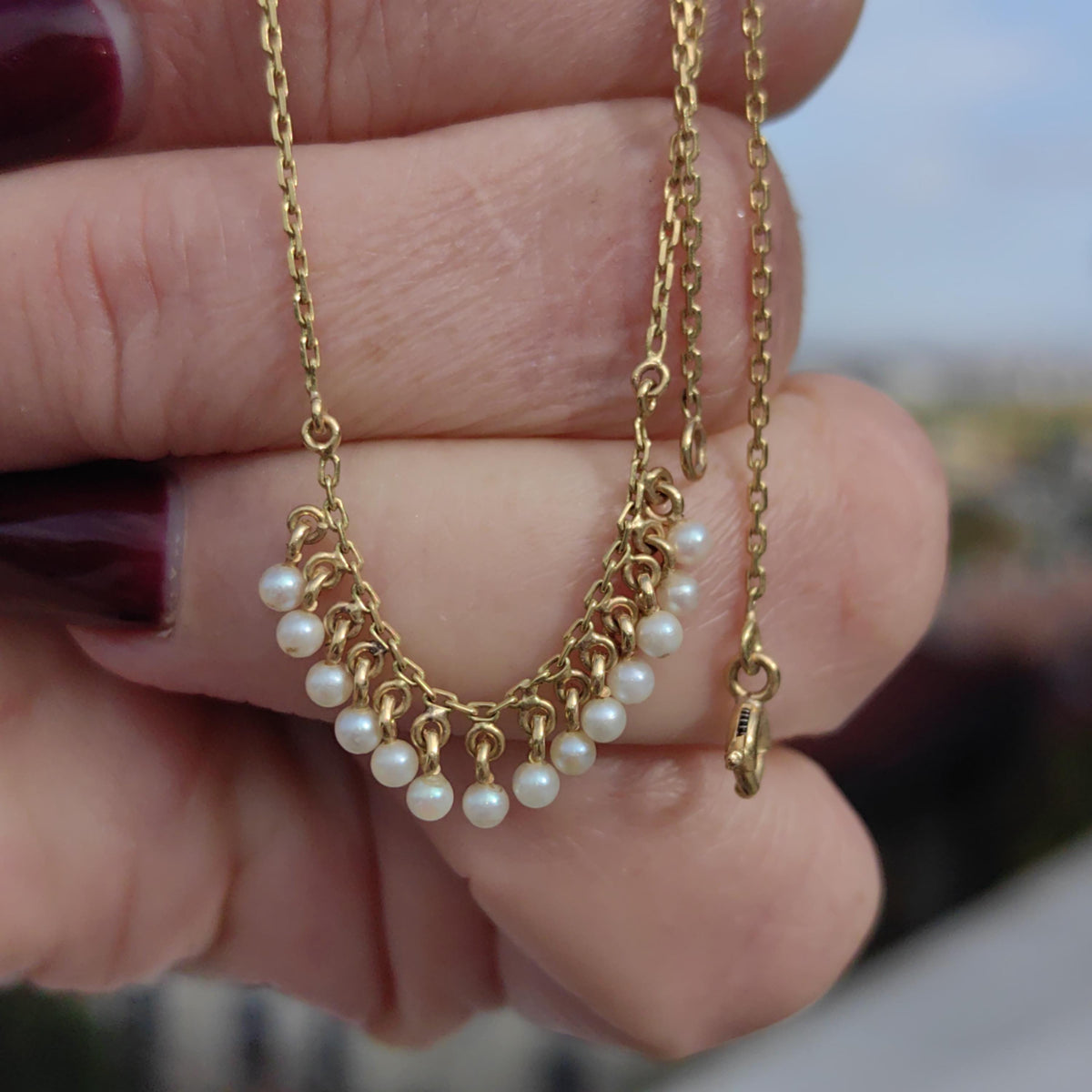 Victorian 1890s French Vintage Solid Yellow Gold Dainty Small Natural Gris Pearl Beaded Chain Necklace Elegant Antique Necklace