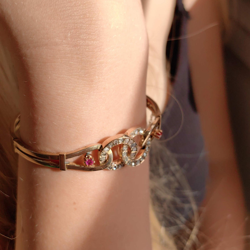 Edwardian Ruby Rose Cut Diamond 18K Gold Bangle Bracelet
