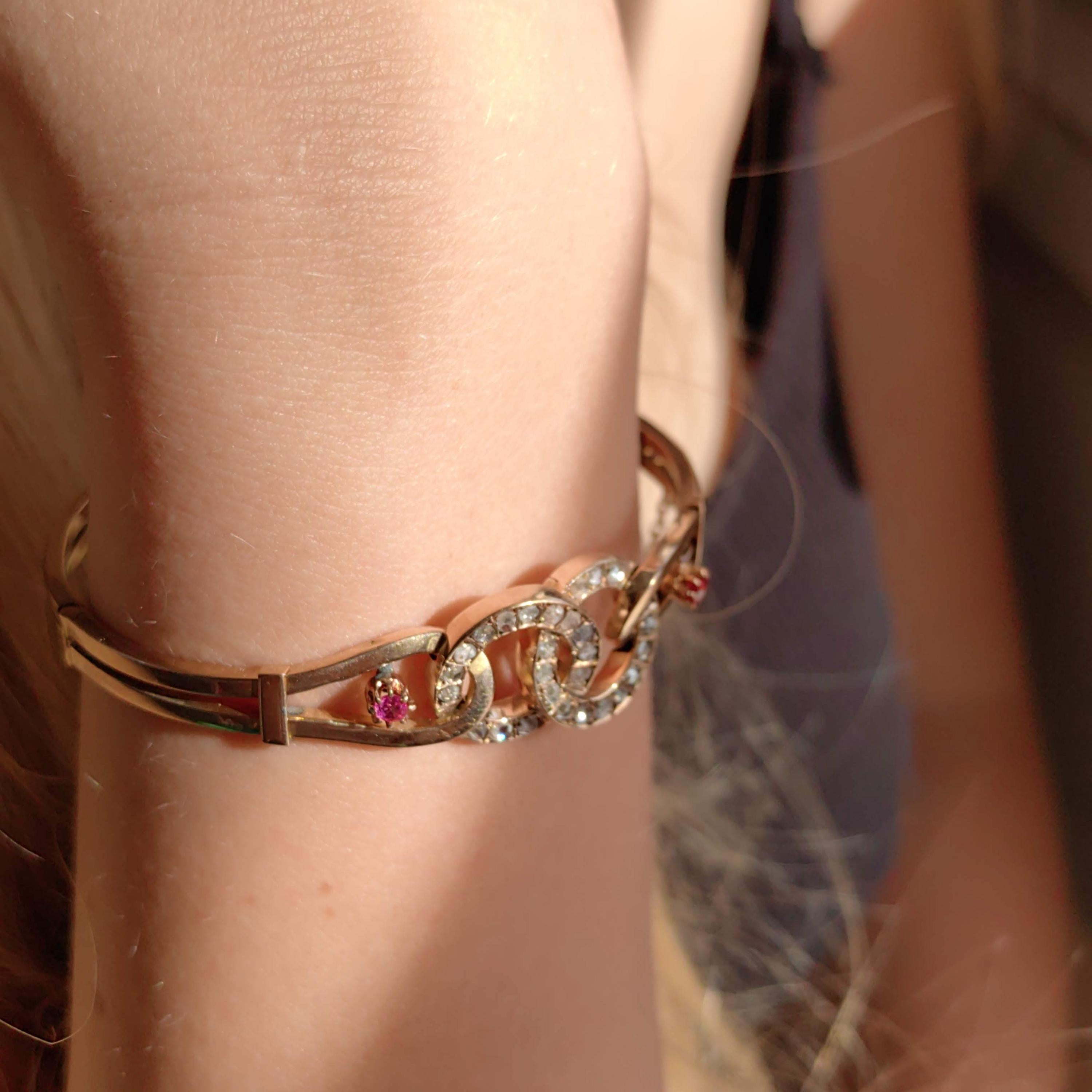 Edwardian Ruby Rose Cut Diamond 18K Gold Bangle Bracelet