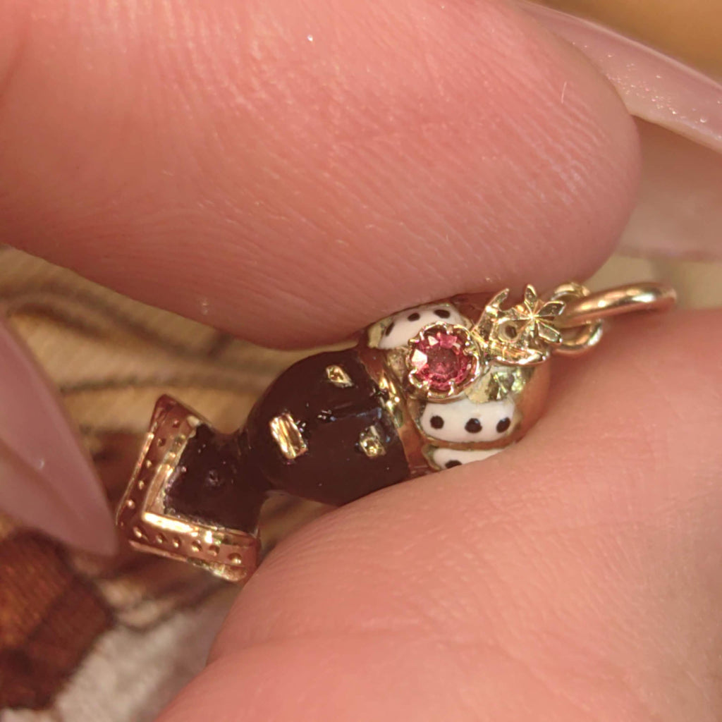 Antique Moor Ruby Moretti Vintage Solid 14k Gold charm White and Black Fire Enamel Gold Charm, 1900s Austrian Hungarian Monarchy Gift