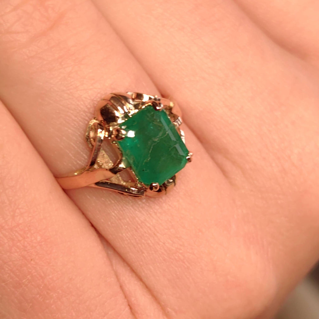 Art Nouveau 1900s Emerald Ring, Fine 14k Yellow Gold Antique Solitaire Ring, Natural Green Emerald Gift for Her, Size US 6.75 EU 54