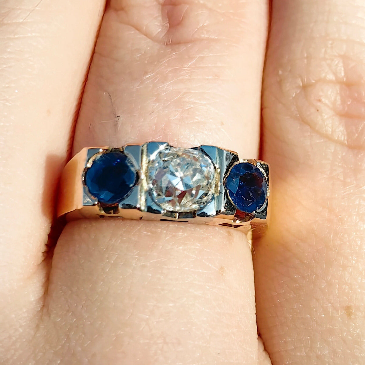 Art Deco 14k Gold Ring: .85ct Old European Cut Diamond & Sapphire