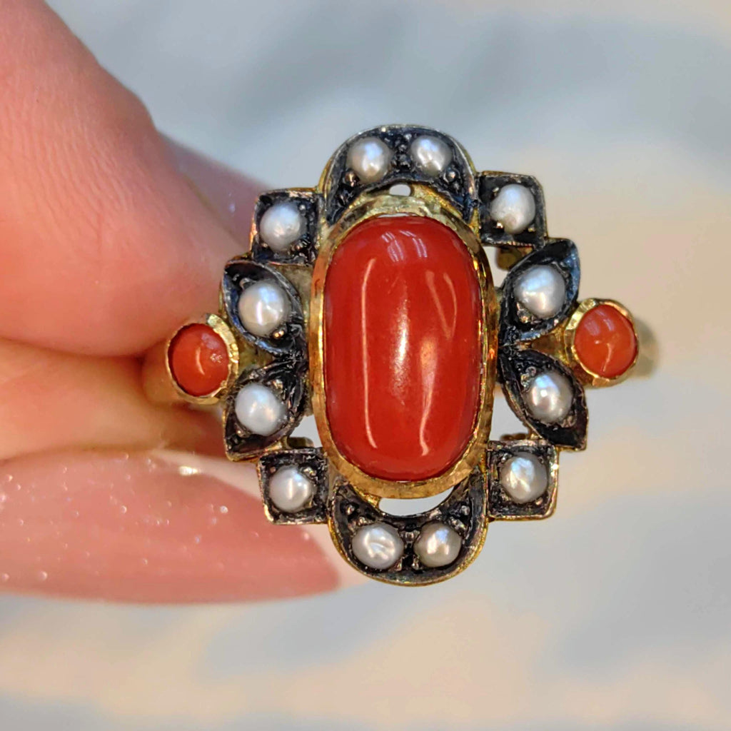 Art Deco 18k Solid Yellow Gold Bright Red Coral Gray Dainty Pearl Statement Ring Retro 1940s Geometric Ring Gift Present