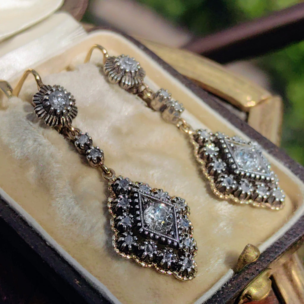 Antique 1.4ct Diamond Dangle Earrings: 1930s Art Deco 18k Gold & Silver
