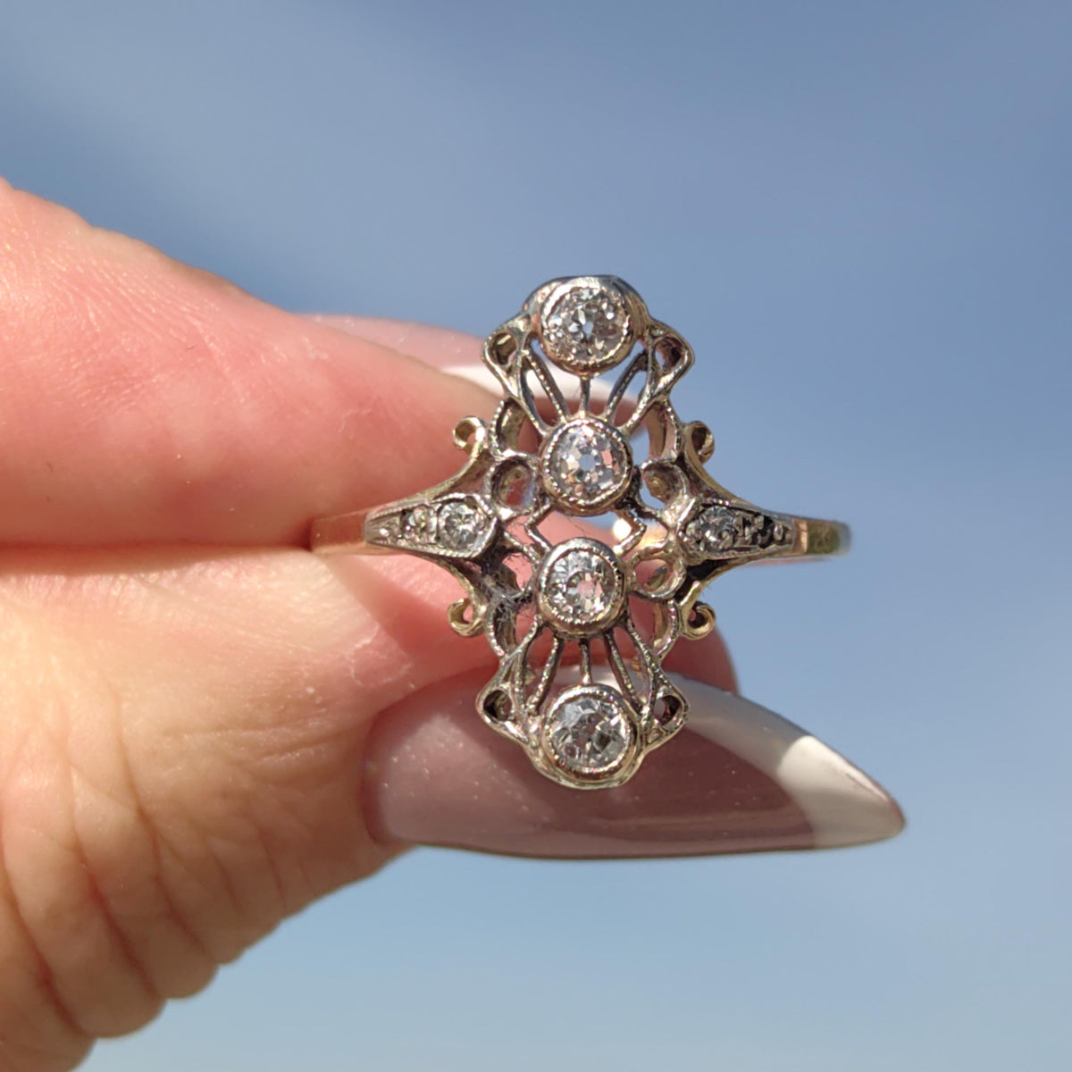 Art Deco 1920s Natural Diamond Engagement Ring Hallmarked 14k Solid Yellow Gold Floral Vintage Elegant Gift for Her Statement ring