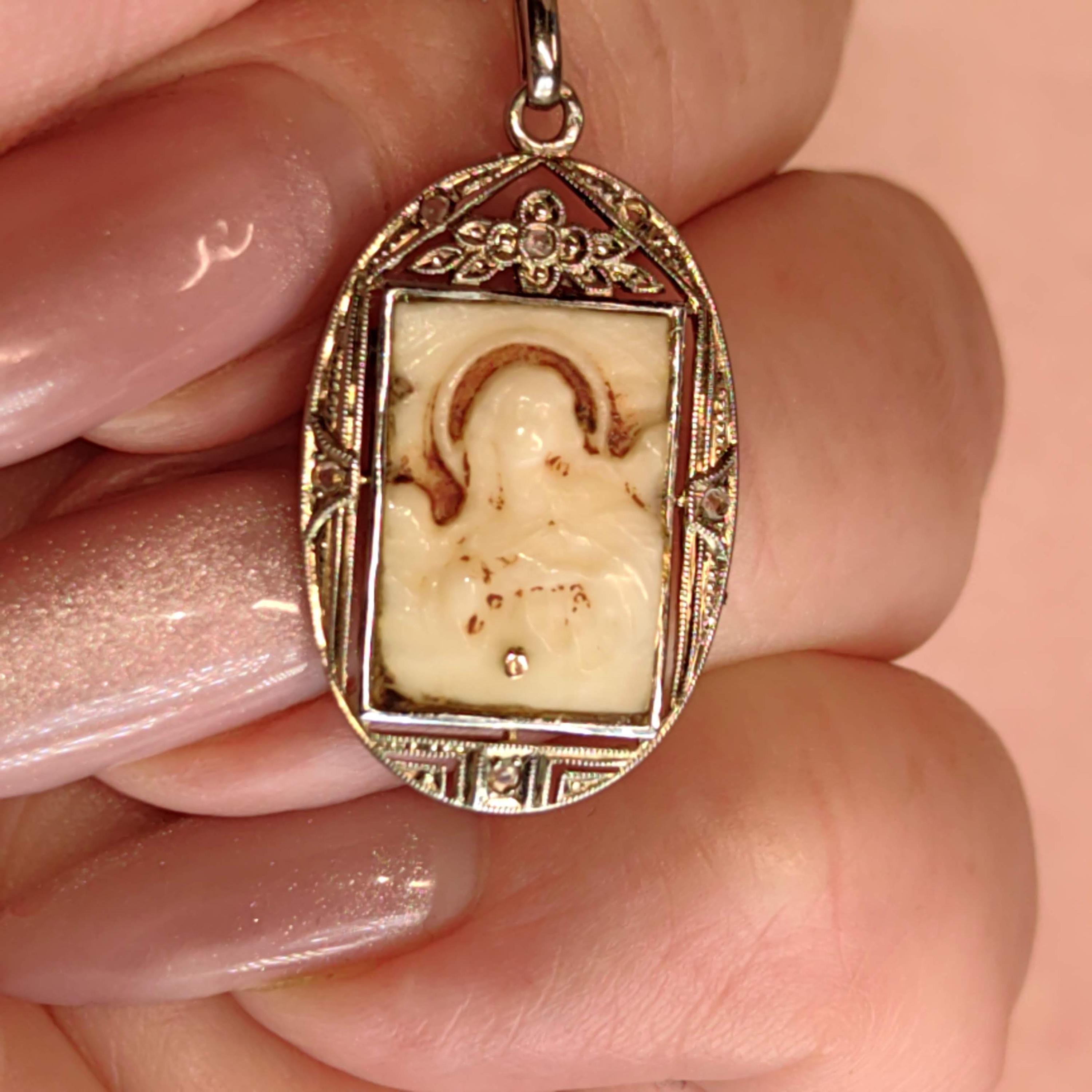 Vintage 1930s Diamond Bone Hand Carved Cameo 18k Gold Saint Portrait Medal Catholic Antique Present