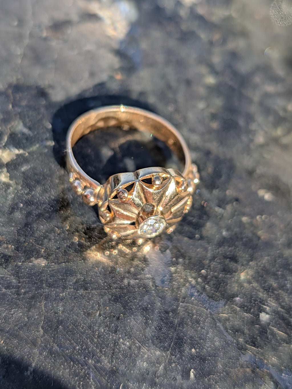 1920s Art Deco Diamond Ring 14k Yellow Gold, Old European Cut Diamond Statement Ring, Antique Floral Ring US 8.75