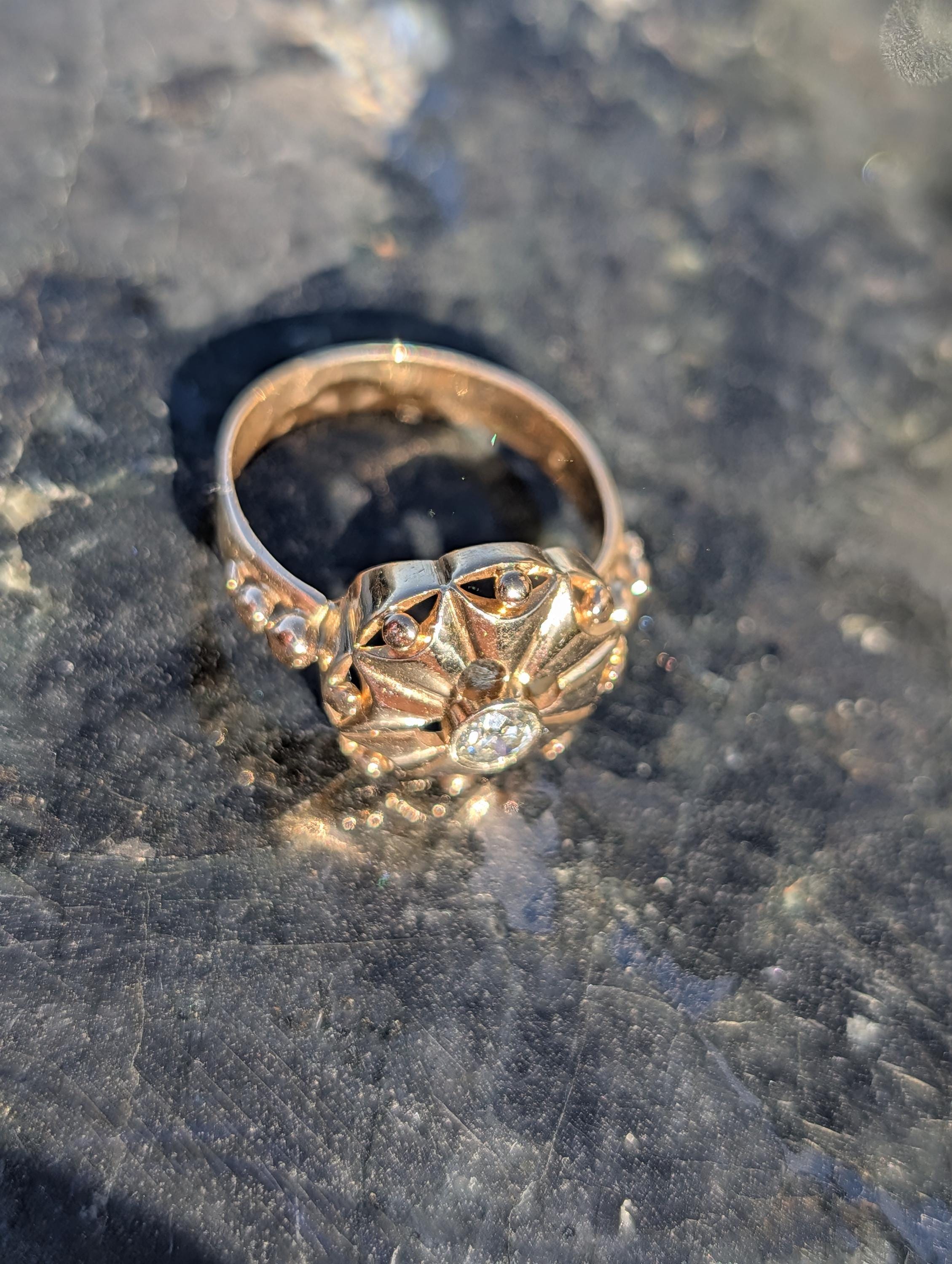 1920s Art Deco Diamond Ring 14k Yellow Gold, Old European Cut Diamond Statement Ring, Antique Floral Ring US 8.75