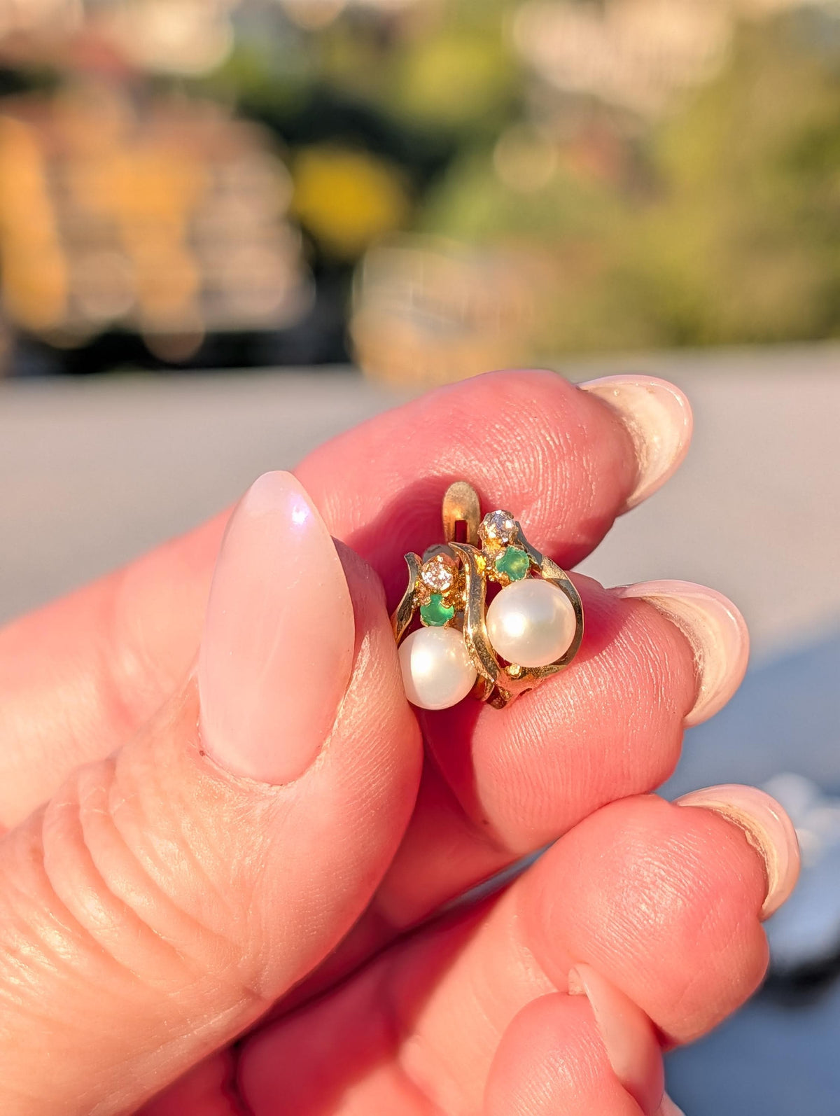 Mid Century 1950s Natural Emerald Diamond Pearl Earrings 18k Yellow Gold, Vintage Hallmarked Dangle Earrings Gift for Her